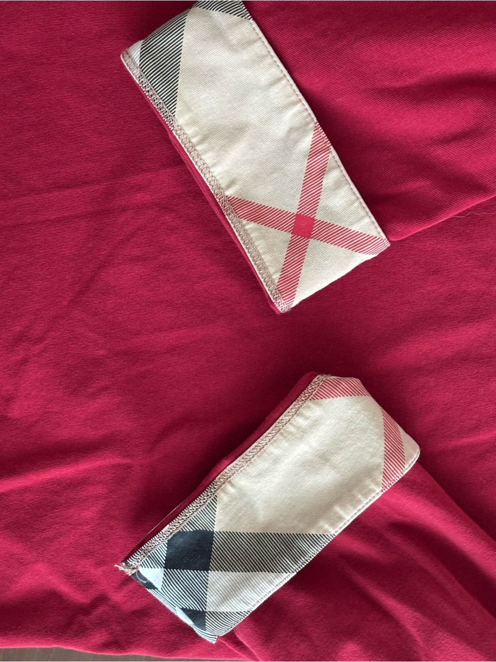 Burberry Women’s Deep Red Scoop Neck Top with Check Cuff Detail - Picture 3 of 4